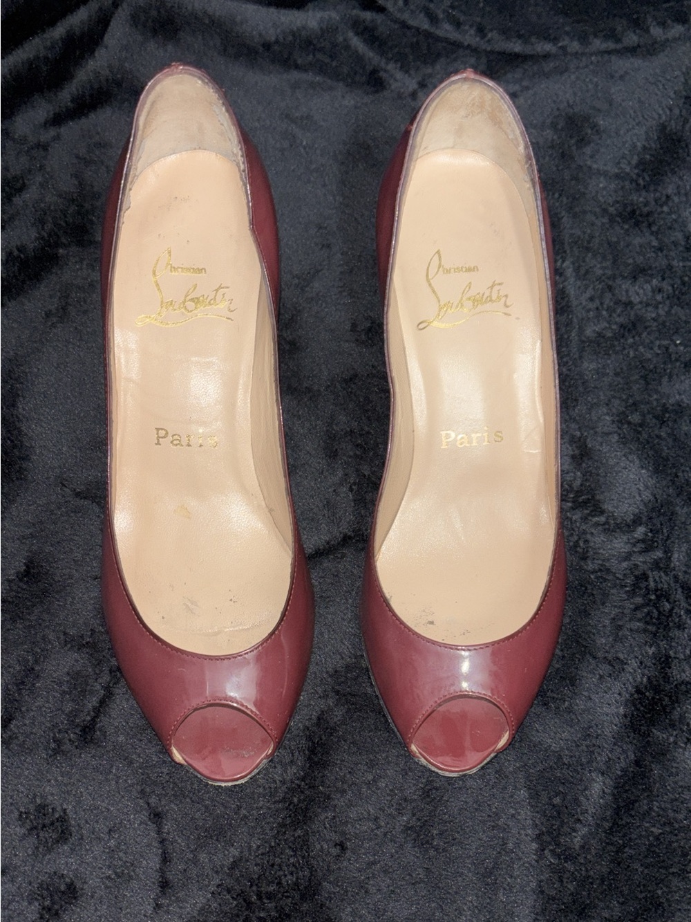 Christian Louboutin Burgundy Patent Peep-Toe Pumps